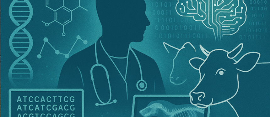 Blue image of veterinarian surrounded by dna xray brain with electronic iconography chemical structure zeros and ones